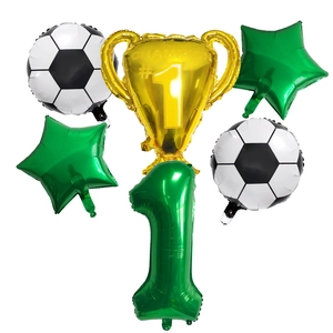 Detail of 6-piece football balloon set with golden champion trophy and soccer stars