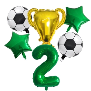 Detail view of 6-piece football party balloon set with trophy and number 2 balloon