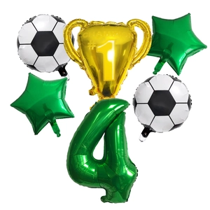 6-piece football party balloon set with gold champion trophy and green number 4 balloon