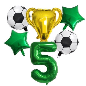 Detail of a 6-piece football theme balloon set with gold trophy and green number 5 for kids