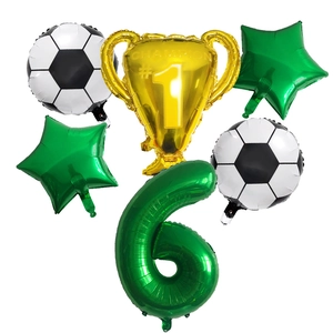 6-piece football party balloon set with trophy star and green number 6 foil balloons