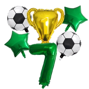 Detail of 6-piece football balloon set with golden trophy and green number seven