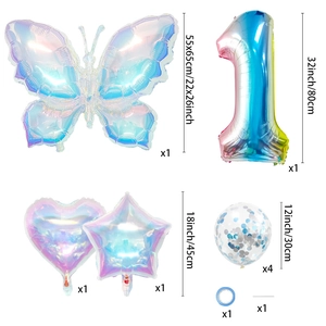 Iridescent butterfly and gradient number 1 balloon set for birthday party decorations
