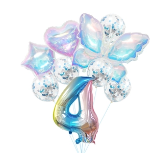 Detail of 4th birthday balloon set with iridescent butterfly and gradient number four
