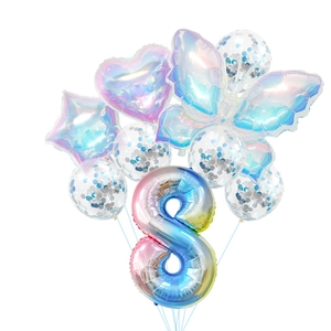 Detail view of colorful gradient number 8 balloon with laser butterfly and confetti set