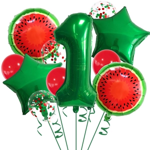 Kit ballons premier anniversaire thème pastèque avec chiffre un vert et ballons en aluminium