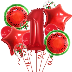 Kit premier anniversaire avec ballons pastèque en aluminium et étoiles rouges