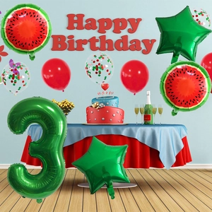 Kit de ballons pastèque avec chiffre 3 en aluminium et décorations d'étoiles vertes