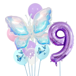Detailed set of colorful butterfly foil balloons and purple number 9 for birthday parties