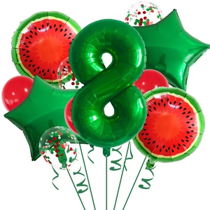 Lot de ballons de fête pastèque avec ballon chiffre 8 vert et ballons étoiles