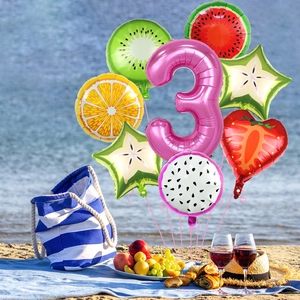 Set di palloncini frutta tropicale per 3° compleanno con numero 3 rosa e scena mare
