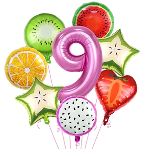 Set palloncini frutta Hawaii con numero 9 rosa e forme tropicali colorate