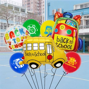 Back to school balloon set with yellow school bus and red backpack foil balloons