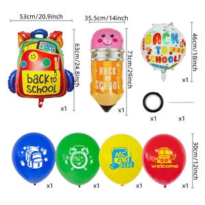 Detailed set of schoolbag, pencil, and round foil balloons for classroom decoration