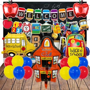 Detail of Back to School party set with yellow school bus and colorful alphabet banner
