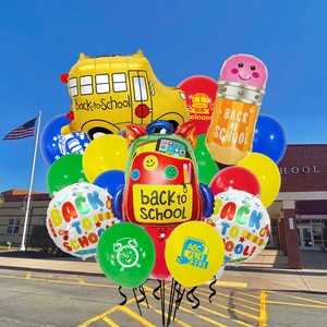 Vibrant Back to School balloon set with school bus and backpack shaped foil balloons