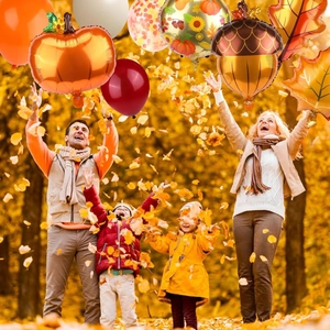 Thanksgiving harvest balloon set with pumpkin, maple leaf, and acorn foil balloons