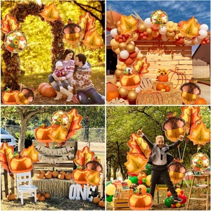 Detail of harvest foil balloons set with pumpkins and maple leaves for party decor