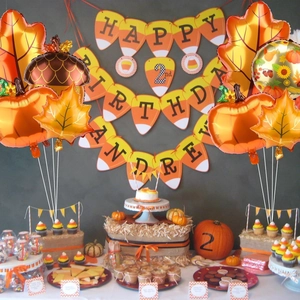 Thanksgiving party balloon set with maple leaves, pumpkins and acorns for festive autumn decor