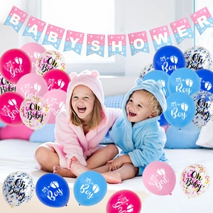 Baby shower decoration set with pink and blue balloons and banner for gender reveal party