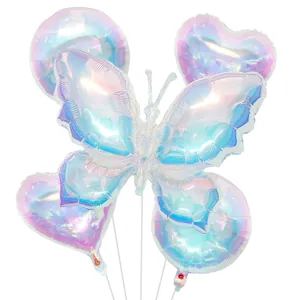Iridescent Butterfly Heart Round Foil Balloons Gradient Rainbow Decoration Birthday Wedding Party Garden Ornaments