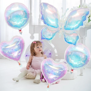 Iridescent butterfly balloon set with heart and round foil balloons for party decoration