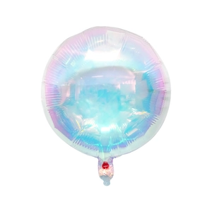 Close-up of holographic round foil balloon with iridescent finish and inflation valve