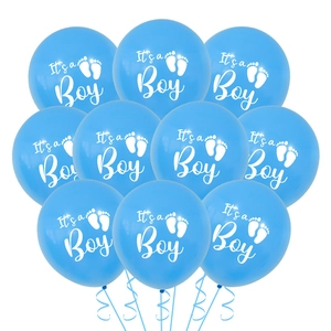 Close-up of light blue baby shower balloons with It's a Boy text and white footprints