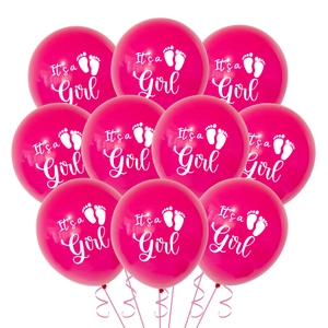 Close-up of pink latex balloons with It's a Girl print and baby footprints for baby showers