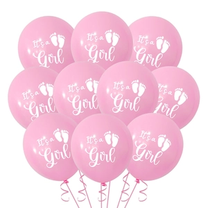 Pink latex baby shower balloons with It's a Girl print and decorative ribbons