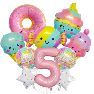 Dessert-Geburtstagsballon-Set mit Donut Cupcake und rosa Nummer 5 Folienballons
