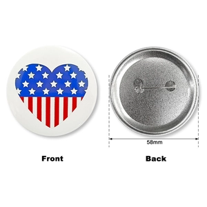 58mm USA Independence Day tinplate badge with heart flag design front and back view