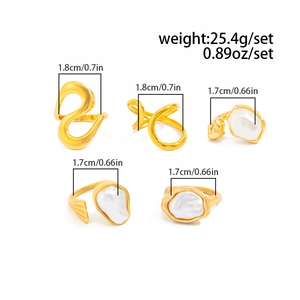 5-piece gold metal ring set with baroque pearl, showing weights and sizes 1.7-1.8cm