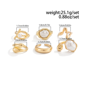 Detailed size guide for 6-piece irregular gold ring set with baroque pearl accents