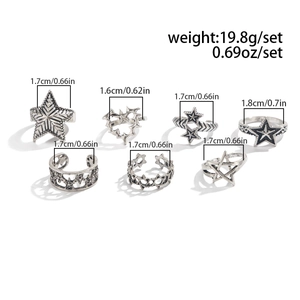 Detailansicht des 7-teiligen Vintage-Silberring-Sets mit Größen- und Gewichtsangaben