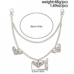 Close-up of double layer silver moth pendant jeans chain with detailed size measurements