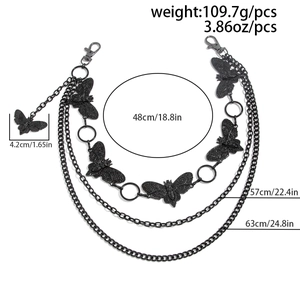 Three-layer black moth waist chain with lobster clasps and size measurements shown
