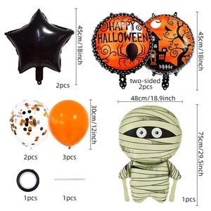 Detailed view of Halloween balloon set specs including foil stars and mummy balloon