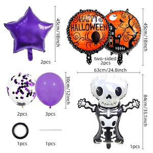Halloween balloon set with skull, purple stars, and happy halloween printed round foils