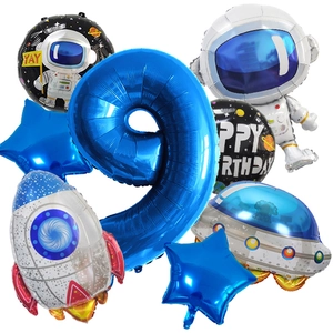 Space theme balloon set with astronaut rocket and blue number 9 for birthday party decor
