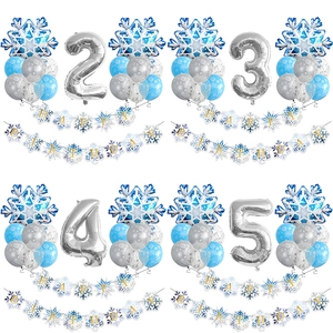Snowflake Theme Birthday Party Balloon Set Silver Number Foil Balloons Snowflake Happy Birthday Banner Kit For Kids Party Decoration