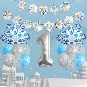 Snowflake 1st birthday balloon set with silver number one and happy birthday banner