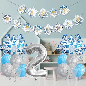 Winter snowflake themed 2nd birthday party set with silver balloons and blue banners