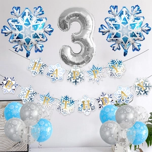Winter snowflake 3rd birthday decoration set with silver number 3 and blue balloons
