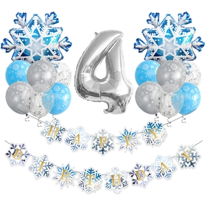 Frozen theme 4th birthday party set with snowflake balloons and silver number 4 balloon