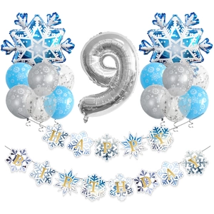Blue and silver 9th birthday decor set with snowflake balloons and happy birthday banner