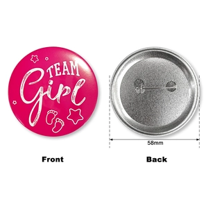 Detaillierte Vorder- und Rückansicht eines 58mm Team Girl Blechansteckers für Partys