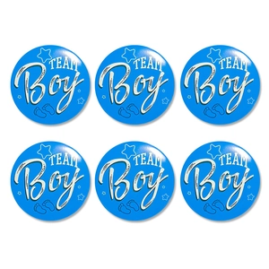 Sechser-Set blaue TEAM Boy Blechabzeichen für Babyparty-Themen zur Geschlechtsenthüllung