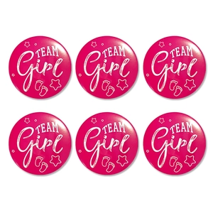 6er-Set leuchtend rosa Team Girl Buttons für Gender Reveal Partys mit Babyfußabdruck-Motiv