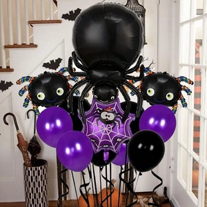 Detail of Halloween balloon set featuring giant black spider and purple star spiderweb foil